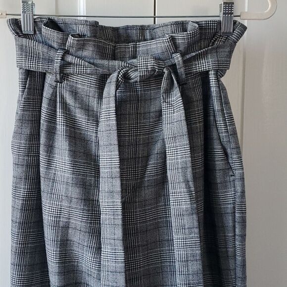 H&M GLEN PLAID KNIT PANTS HIGH PAPER BAG WAIST BLACK WHITE ACADEMIA PREPPY SZ 8 - Picture 2 of 9